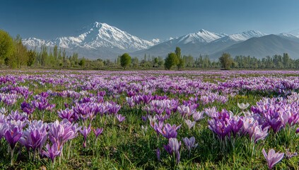 Fototapeta premium Purple flowers blanket a field with snow-capped mountains rising majestically