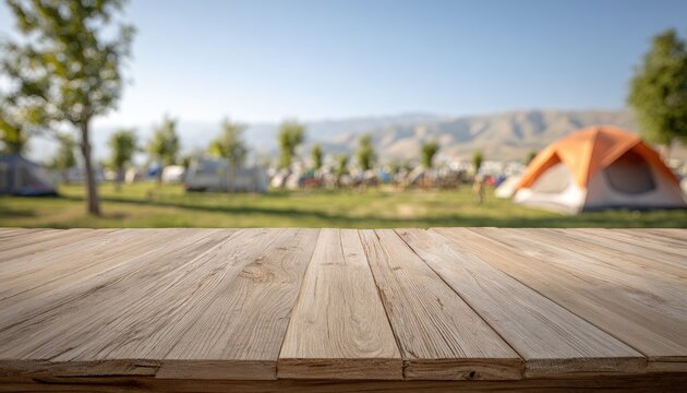 Wooden tabletop in foreground, blurry campsite scene background with tents