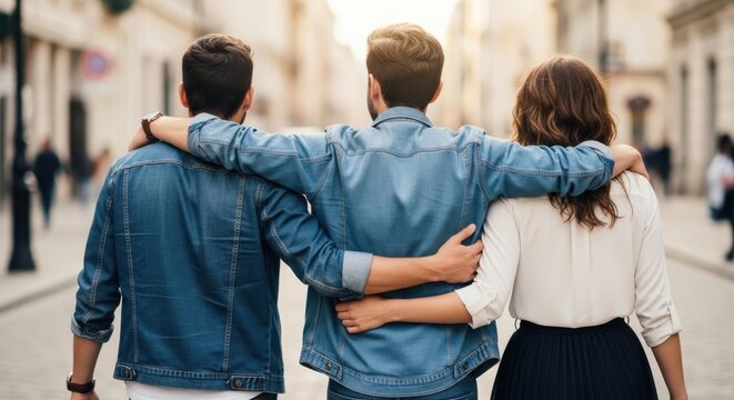Three friends walking together in a city street, arms around each other, showcasing strong bond and friendship