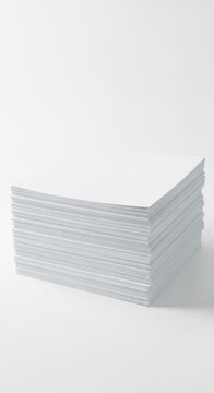 A neat stack of bright white office papers placed centrally on a pure white surface, symbolizing organization, documentation, and filing, copy, data, bureaucracy