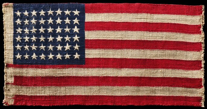 Antique woven American flag with 38 stars and frayed edges
