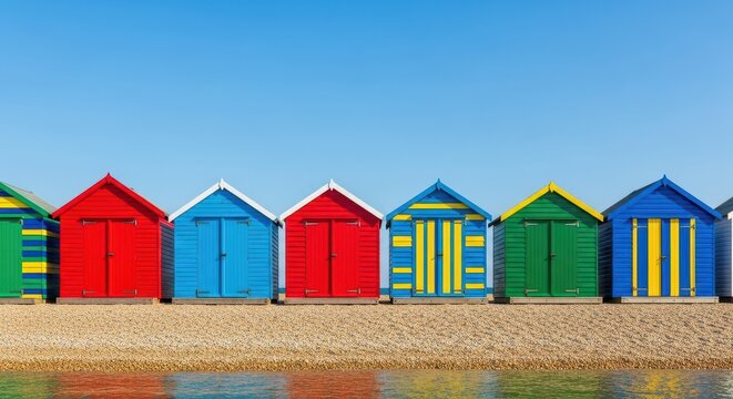 A vibrant row of brightly painted wooden bathing cabins standing against a clear summer sky on a pebbled shoreline, evoking a cheerful holiday atmosphere, retro, changing, vacation