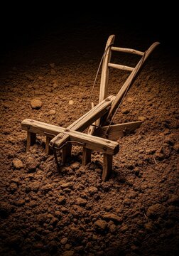 An antique wooden farm implement rests quietly in the rich brown earth of a prepared field, symbolizing ancient agricultural heritage, soil, earth, ground