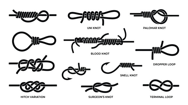 Detailed illustration of various knots including the LARK HEAD KNOT and BOWLINE KNOT on a plain white background with labels.