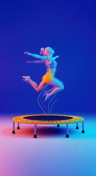 Dynamic rebounder workout focusing on joyful movement and energetic exercise for improved fitness and core strength, bouncing, indoors, rebound fitness
