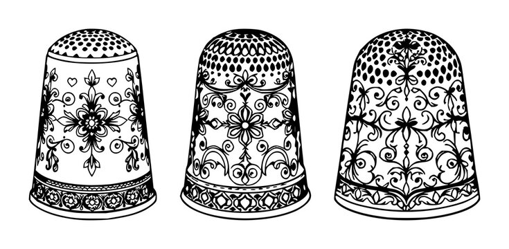 Sewing thimble set with delicate ornamental design featuring metal, antique, handcrafted with needlework and craftsmanship