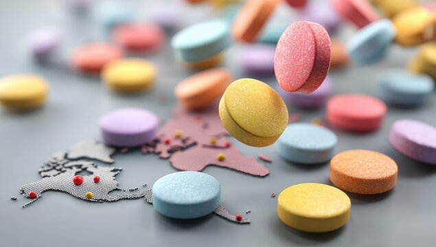 Colorful pills scattered across a stylized world map