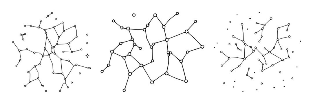 Constellation map set with stylized black line art on white background featuring celestial navigation, astronomy, night sky with stars and arcs