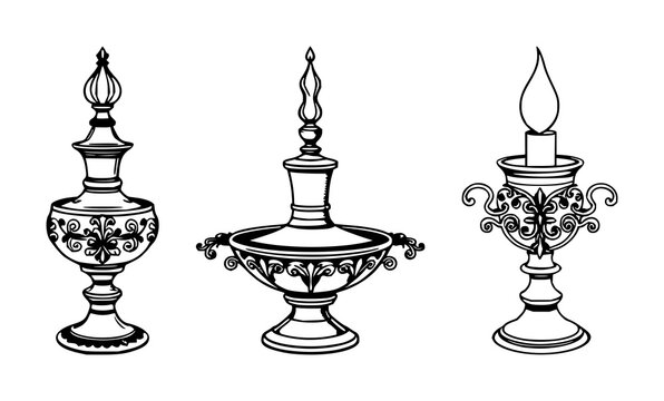 Candle snuffer set with black line art on white background featuring ornate brass, candle snuffer, silhouette design with intricate detail and bright metal finish