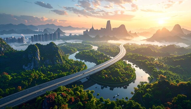 Serene landscape with winding river, modern bridge, lush greenery, distant mountains, and sunrise