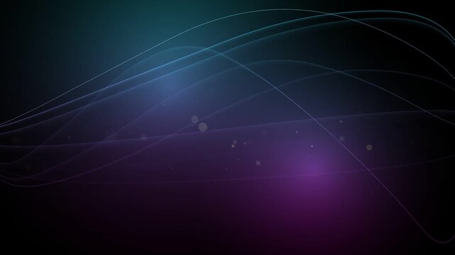 Abstract technological background with smooth motion of futuristic glowing waves, neon lines in purple-blue gradient and bokeh particles. Seamless digital loop