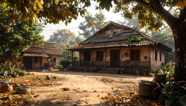 Rustic village houses under dappled sunlight surrounded by autumn foliage and shady trees