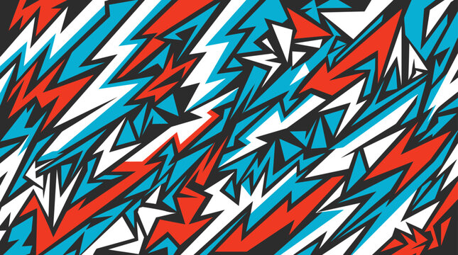 Dynamic abstract background pattern featuring aggressive jagged lightning shapes in a vibrant blue, orange, and white racing livery style.