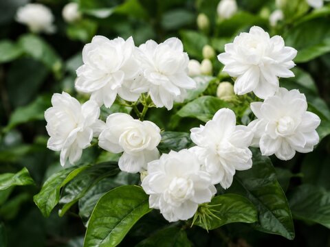Full bloom white Arabian jasmine flowers with green leaves. Fragrant double-petal jasmine blossoms in a tropical garden.