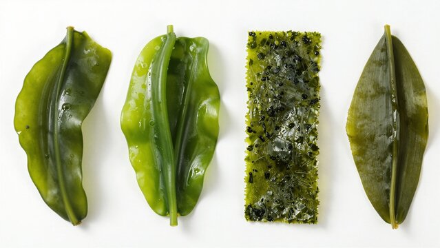Various types of fresh seaweed including kelp, ulva, and nori displayed on a clean white surface.