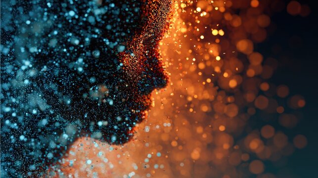 Abstract particle face dissolving into light