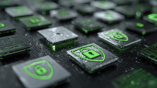 Digital network security protection, abstract, glowing green locks