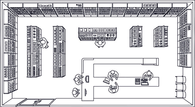Pharmacy Interior Top View Line Illustration With Medicine Shelf Layout