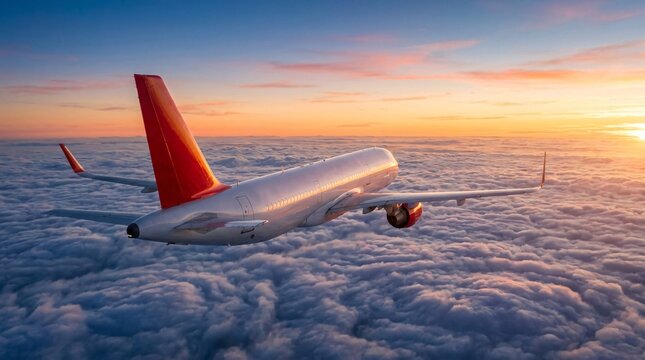 Commercial passenger jet plane featuring a striking red tail fin soars above fluffy white clouds under the beautiful warm light of a sunset.