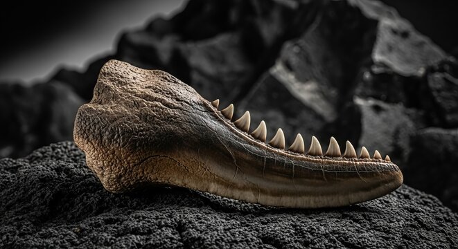 Close-up view of a fossilized Tyrannosaurus Rex jawbone with sharp teeth