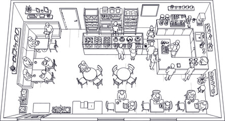 Obraz premium Bakery Cafe Top View Line Illustration With Pastry Display and Seating Layout