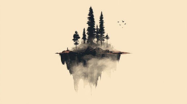 Misty, surreal island forest with reflection below
