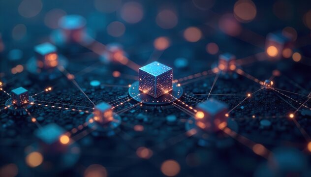 Close-up of interconnected blockchain nodes representing decentralized technology and connectivity , data, block