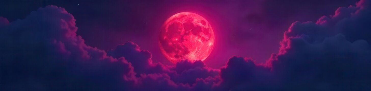 Eerie scene of dark swirling clouds obscuring a blood red moon against a purple horror-filled night sky , moonlight, atmospheric