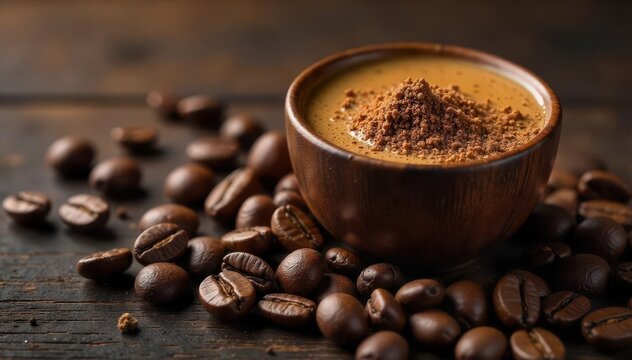 Dark roasted coffee beans and dried lion's mane pieces blended together to create a unique and energizing beverage , dark roast, energizing