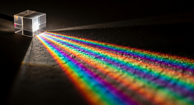 A prism splitting white light into its constituent colors, creating a vibrant rainbow spectrum on a dark background