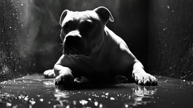 Dramatic Black and White Shot of Pitbull Dog Lying in Water Inside a Dark Enclosure