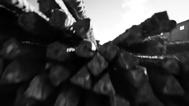 Industrial black and white perspective of construction materials including steel and rebar under bright sunlight