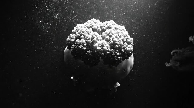 Black and White Underwater View of a Cassiopea Jellyfish in Dark Water with Bubbles and Light