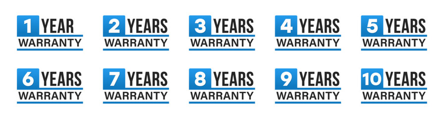 Fototapeta premium Warranty badge set, 1 to 10 years warranty labels, Product quality assurance stickers, Blue guarantee badge collection, Trust symbol vector illustration.