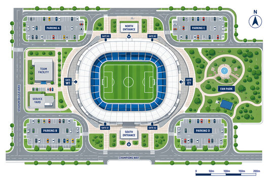 Aerial stadium site plan, professional sports arena architectural map, soccer field layout with parking and park area