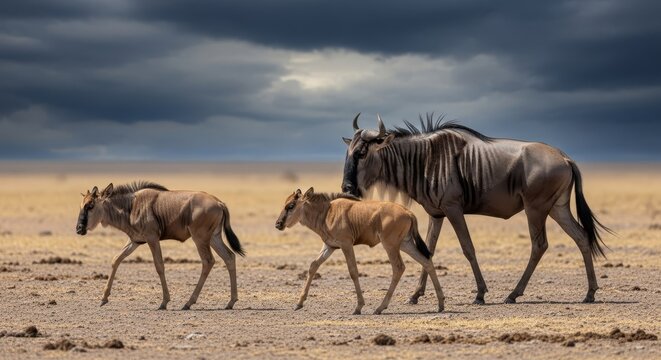 A herd of wildebeest, including calves, walks across the African savanna under a dramatic sky, showcasing their journey and instinct for survival.