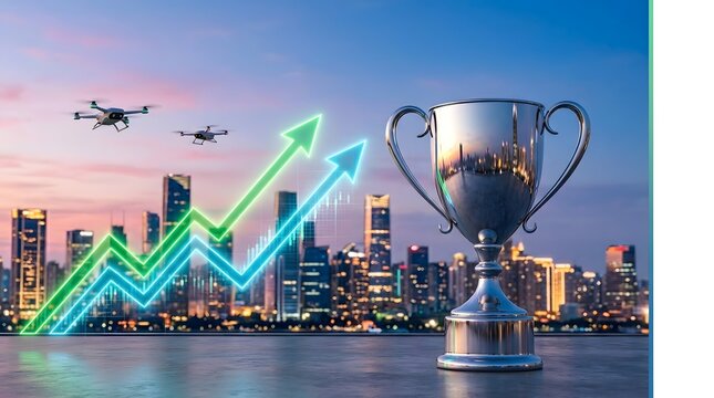 Silver trophy cup with rising green arrows over modern city skyline showing business success growth achievement winning competition financial victory market progress