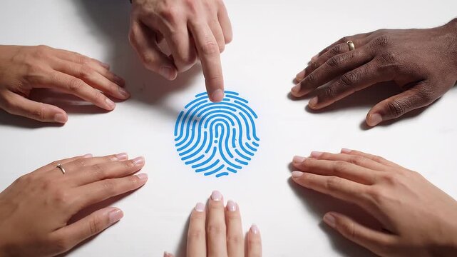 Six hands surround glowing blue fingerprint on white surface, one finger touching center
