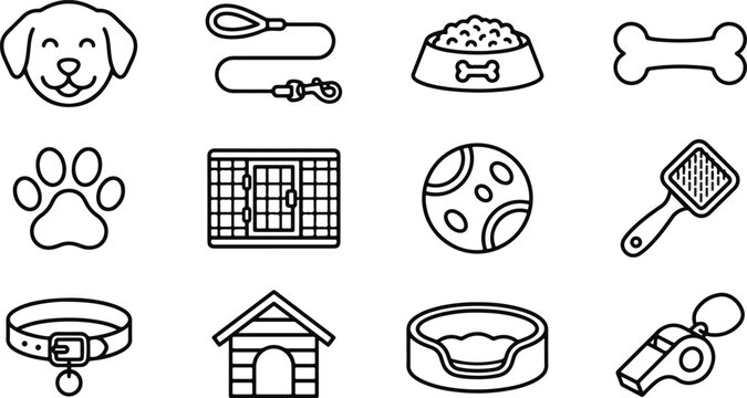 Flat icons set of dog accessories and care items
