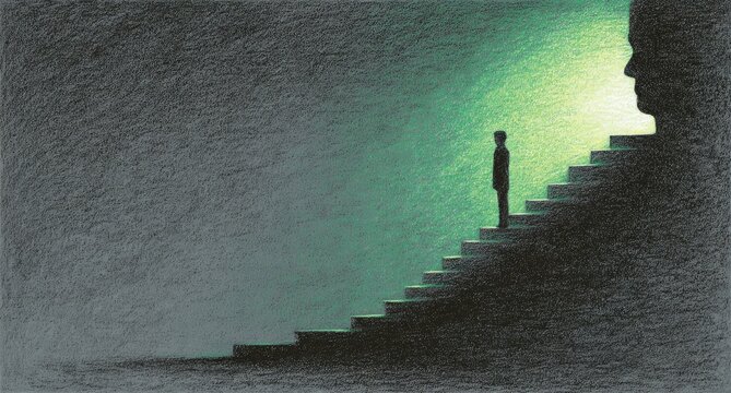 Lone figure ascends illuminated stairs towards a giant head's silhouette