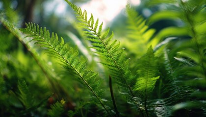 Fototapeta premium Lush green ferns bathed in soft sunlight, close-up of foliage