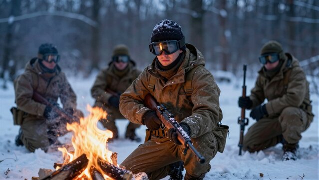 Group of hunters in winter gear gathered around a fire in snowy forest at dusk, with rifles and snow-covered trees.