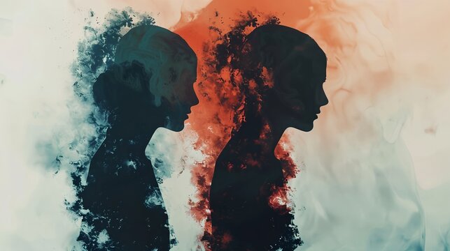 Surreal portrait of silhouettes with dramatic red and teal smoke explosion, minimalist conceptual photography.
