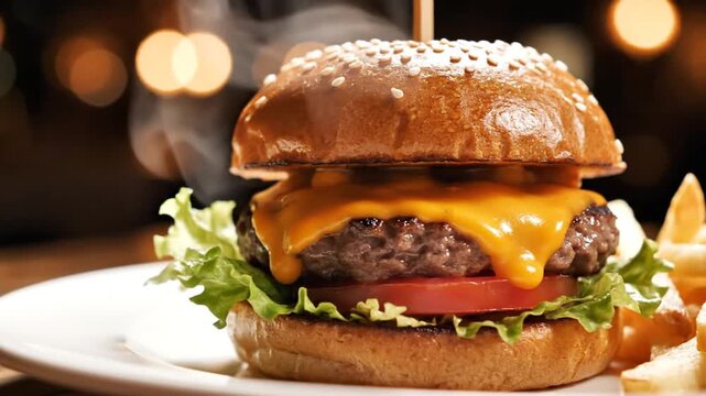 Delicious cheeseburger on white plate with bokeh background