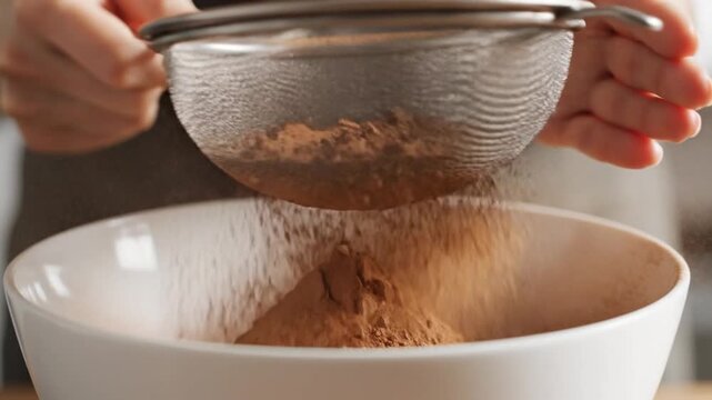 Sifting cocoa powder into a bowl overhead shot of a culinary process