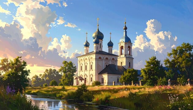 A serene countryside scene features a classical white building with blue domes reflecting sunlight over serene waters. Lush flora frames