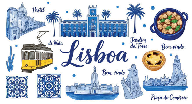Lisbon Travel Icons Vector Illustration with Yellow Tram, Landmarks, and Blue Azulejo Style Elements.
