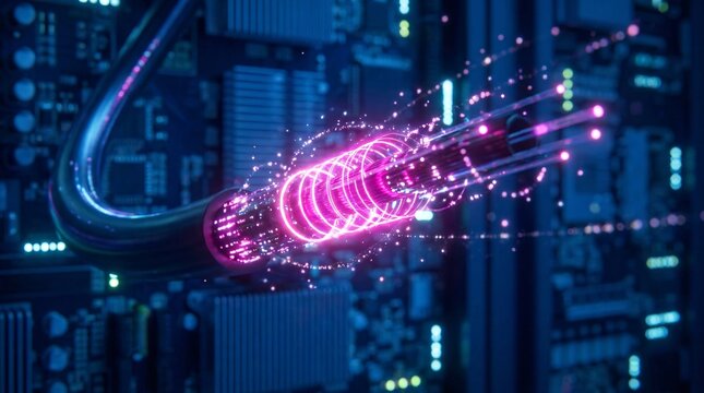 Glowing fiber optic cable transmits data at light speed, emitting brilliant neon pink light amidst sparkling particles in a tech setting.