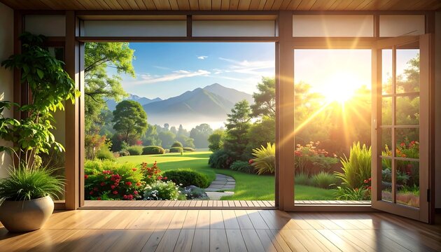 A serene indoor view with a large window looking out onto a garden and mountain range at sunrise