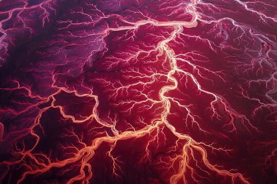 Aerial view of glowing red network of river channels and tributaries